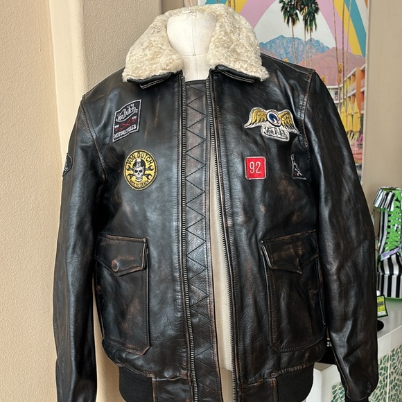 VON DUTCH Leather Pilot Bomber Jacket - Picture 10 of 14